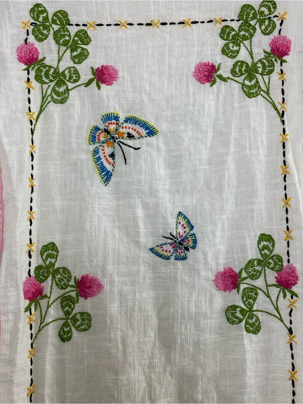 Vintage Embroidered Table Runner with Butterflies & Flowers